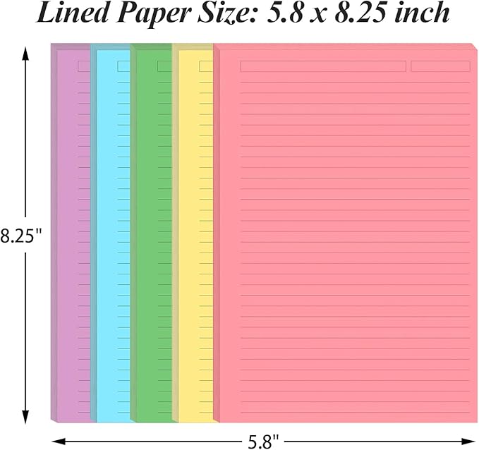(3-Pack) Unpunched 5 Colorful Line Paper - 300 Sheets/600 Pages Loose Leaf Paper Line Refills, Per Color 60 Sheets, 5.8" x 8.5"