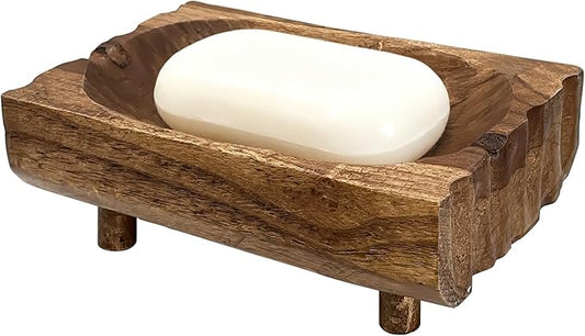 Natural Teak Wood Soap Holder, Automatic Draining Soap Tray with Drain Holes, Handmade Rustic Soap Dish & Countertop Soap Saver Stand for Bathroom and Kitchen