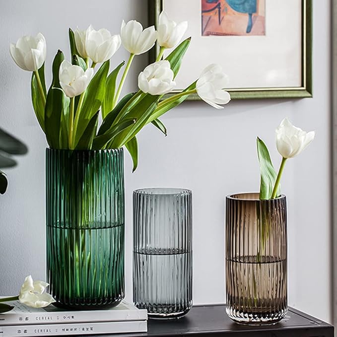 Muyan 9.8" Flower Vase for Decor Ribbed Glass Vase Modern for Centerpieces Desktop Home Office Dining Living Room Wedding (Green)