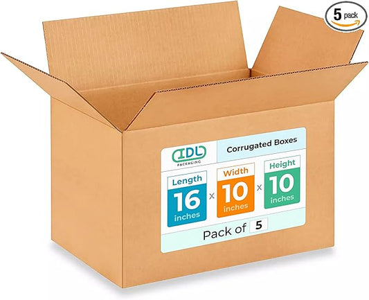 Medium Shipping & Moving Boxes 16 x 10 x 10 inches (5-Pack) - Extra Strength 200 lb vs Regular - Corrugated Packing Boxes for Moving - Cardboard Moving Box - Packaging Box by IDL Packaging