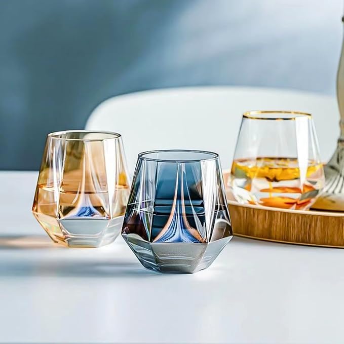 Wine Glasses Set Of 4,Stemless Diamond Shape 10 Oz Amber Christmas Glassware Dishwasher Safe, Spill-Proof Design For Red Wine, Cocktail, Whiskey, Bourbon, for Wine Lovers (Amber)