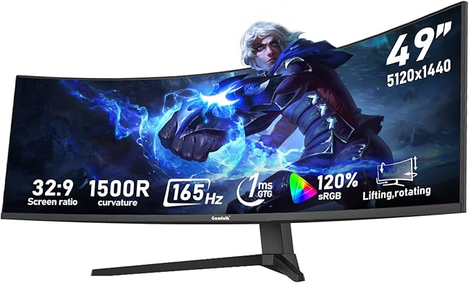 Gawfolk 49 inch Ultra-Wide Curved 1500R Gaming Computer Monitor, DQHD(5120×1440), 165Hz, 1MS, FreeSync, 120% sRGB, Height Adjustable PC Screen, HDMI2.1，DP1.4, Compatible Wall Mount 75 * 75mm - Black