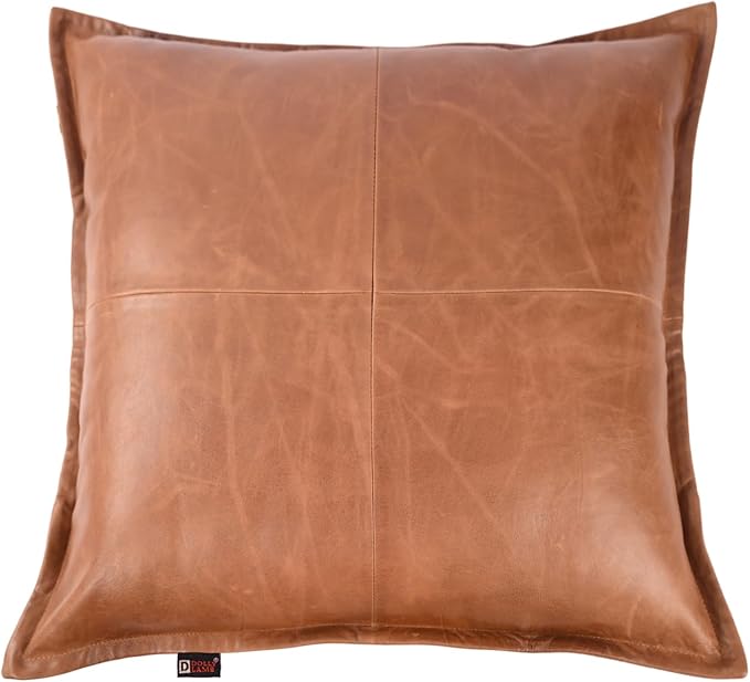 D DOLLY LAMB Lambskin Leather Pillow Cover - Sofa Cushion Case - Decorative Throw Covers for Living Room & Bedroom, 14x14 Inches - Tan Orange Box Pack of 2