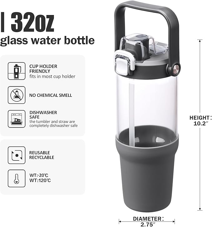 Glass Tumbler with Carry Handle, Clear Glass Water Bottle with Leakproof Lid, Spout Lid&Straw, BPA-Free, 32 oz, Grey
