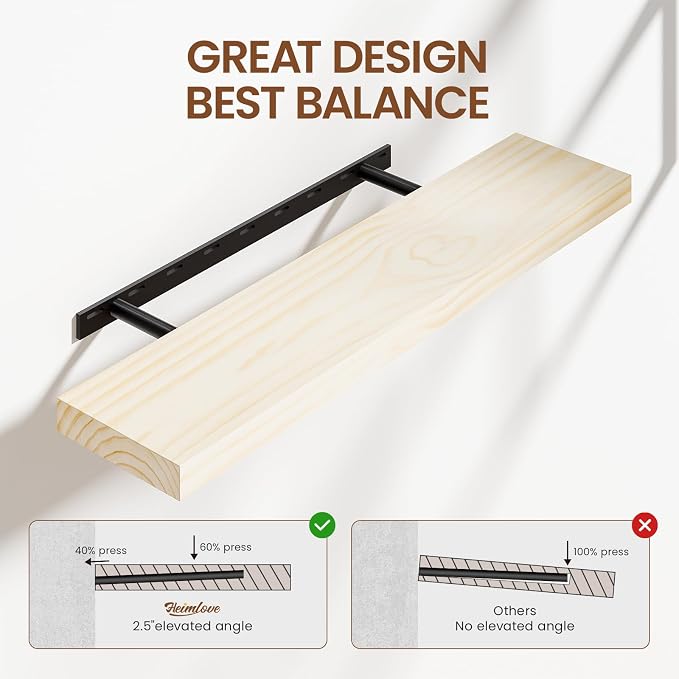 Heimlove Unfinished Wood Floating Shelves, Pine Shelves for Wall Set of 2, Wall Mounted Rustic Wood 8 Inch Deep Floating Shelf with Invisible Brackets for Bedroom Kitchen Living Room - Natural, 36x8