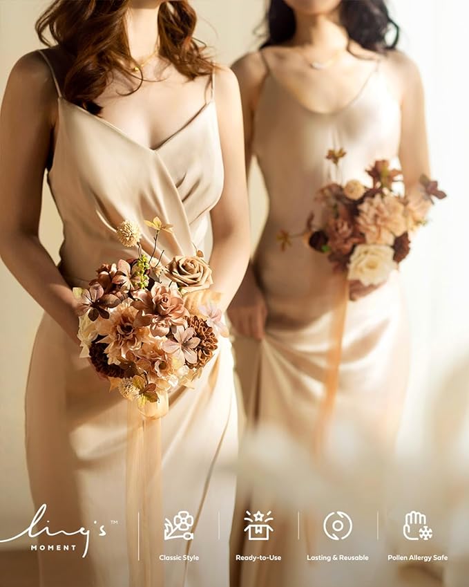 Ling's moment Gold Sparrow Bridesmaid Bouquet, Wedding Bouquets for Bridesmaids, 7 Inch Bridal Bouquets for Bridesmaids, Wedding, Ceremony, Anniversary, etc.