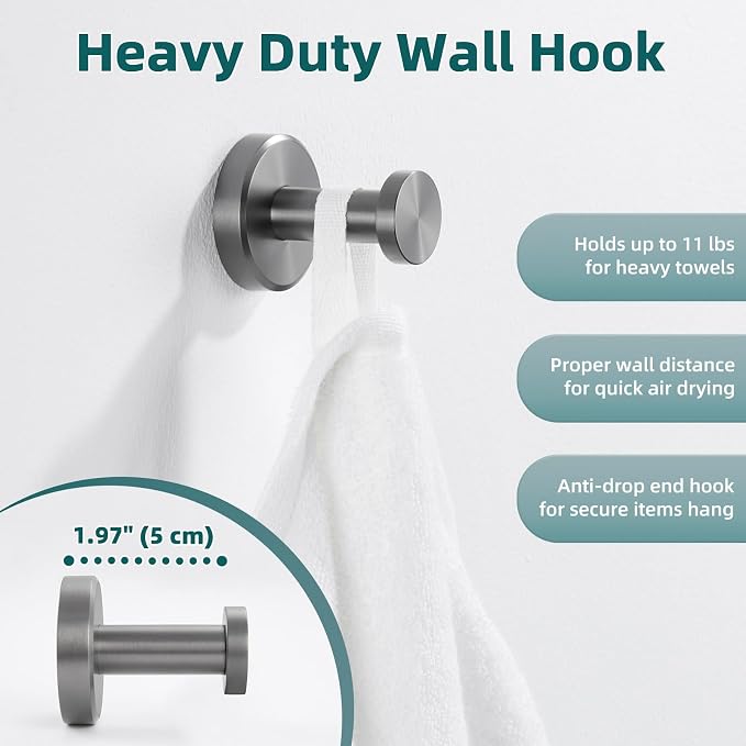 APLusee Gunmetal Gray Single Robe Hook, 304 Stainless Steel Heavy Duty Towel Hook (11LBS Capacity), Wall Mounted Towel Hanger for Bathroom Kitchen Garage