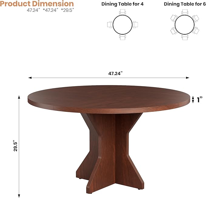 Garvee Round Dining Table for 4-6 People - 47" Circle Kitchen Dinner Table with Sturdy Pedestal Base, Small Spaces Dinning Room Furniture for Living Room, Kitchen, Apartment, Walnut
