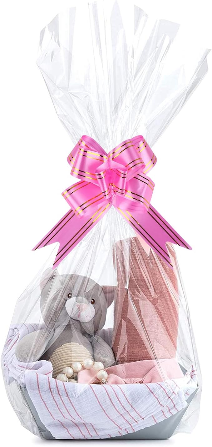 Kolewo4ever 40pcs Christmas Cellophane Bags Pull Bow Set 20pcs 16x24 Inches Cellophane Basket Bags Wine Bottles Cellophane Wrap with 20pcs Pull Bows