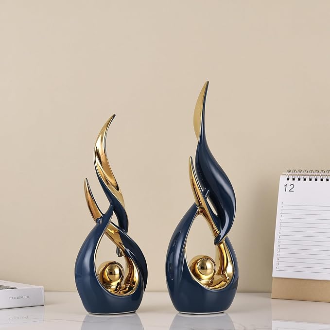 2 PCS Blue Gold Ceramic Statues For Home Decor Accents, Modern Abstract Art Sculptures, Elegant Tabletop Decorative Objects For Dining Room, Entryway, Tv Stand, Mantel, Coffee Table Centerpieces