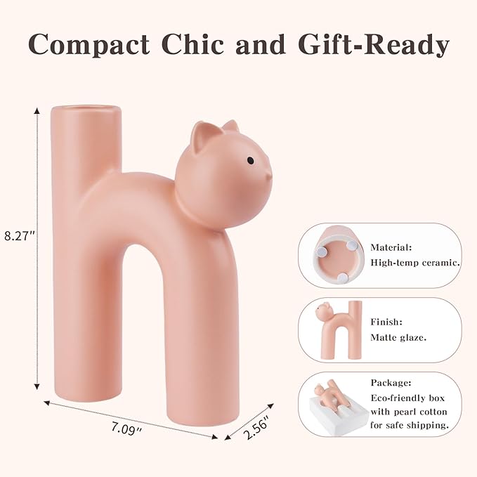 Pink Cat Lover Gift – Cute Animal Vase for Dried Flowers, Pampas Grass – Kawaii Boho Decor for Girls Room, Desk, or Shelf – Gift for Women, Girlfriend & Cat Moms