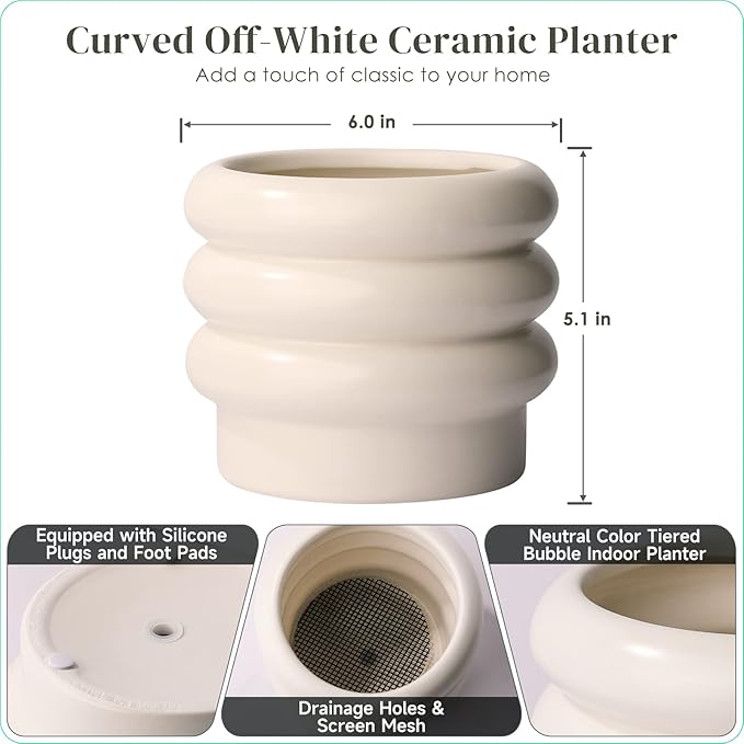 Tiered Bubble Ceramic Plant Pot, Creamy White 6 Inch Ceramic Planter with Drainage Holes, Flower Pot with Mesh Pad, Rubber Plugs, Plante Pots for Indoor Plants Outdoor, Modern Décor