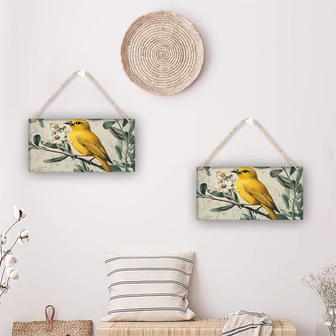 Vintage Yellow Bird & pinks Blossoms Wooden Wall Art, Retro Home Decors for Nature Collectors, 12x6 Inch Wood Sign for a Nostalgic Living Room Vibe