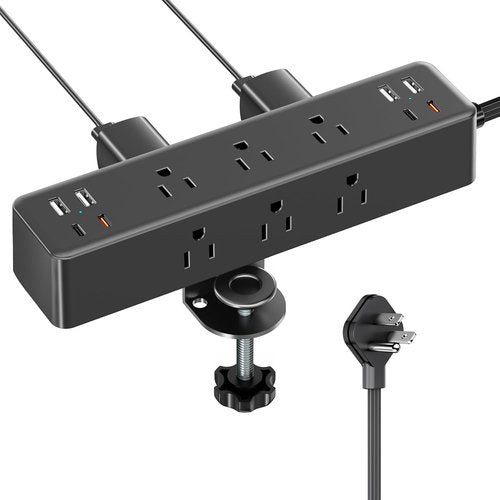 **Skiennix Flat Plug Desk Clamp Power Strip - 15FT Fast Charging Station with 9 AC Outlets & 8 USB Ports**