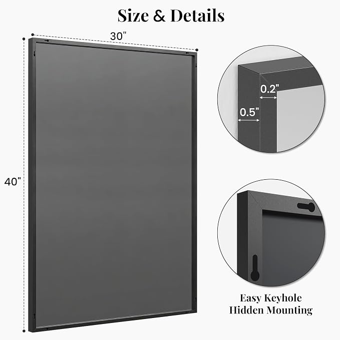 40"x30" Black Bathroom Mirror for Wall, Shatterproof Tempered Glass, Rectangle Narrow Frame Large Vanity Mirror, H/V Wall-Mounted
