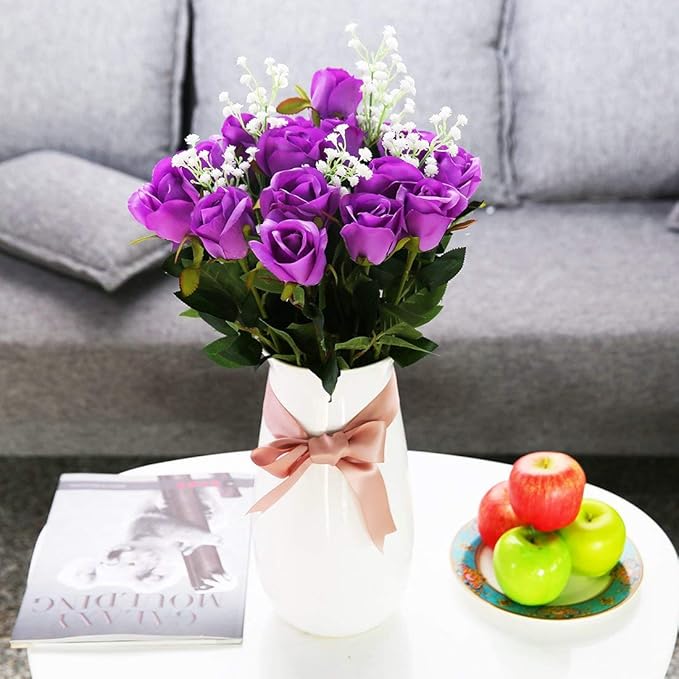 Veryhome Artificial Flowers Silk Roses Fake Bridal Wedding Bouquet for Home Garden Party Floral Decor 10 Pcs (Purple Straight stem)