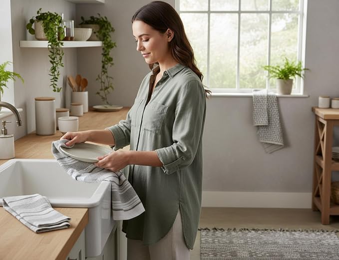Grey White Kitchen Hand Dish Towels: Oversized 28" x 16",100% Cotton Cloth Soft Cleaning Drying Absorbent Gray Striped Solid Polka Dot Design, Set of 3 Multipurpose for Everyday Use (Grey Austin)