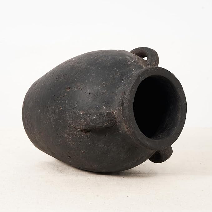 Terracotta Vase with 3 Ear | Handmade Black Ceramic Pottery 9.5'' Tall | Large Distressed Unique Vintage Vase | Rustic Farmhouse Pottery for Flowers | Textured | Wide Mouth | Centerpieces.