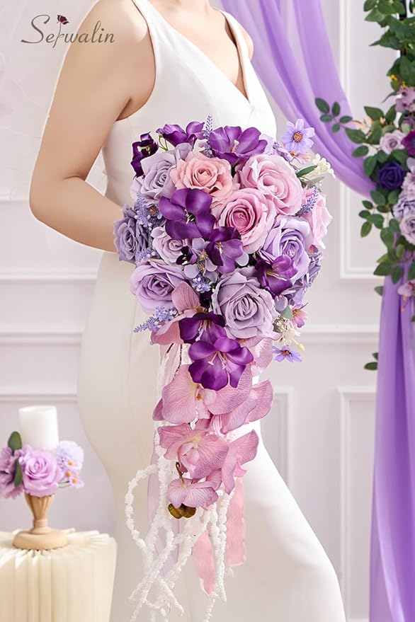 Serwalin 11 Inch Wedding Bouquets for Bride Bridesmaid, Purple Bridal Bouquets for Bride, Artificial Bouquets of Flowers for Wedding Ceremony Bridal Shower and Anniversary Day Decor