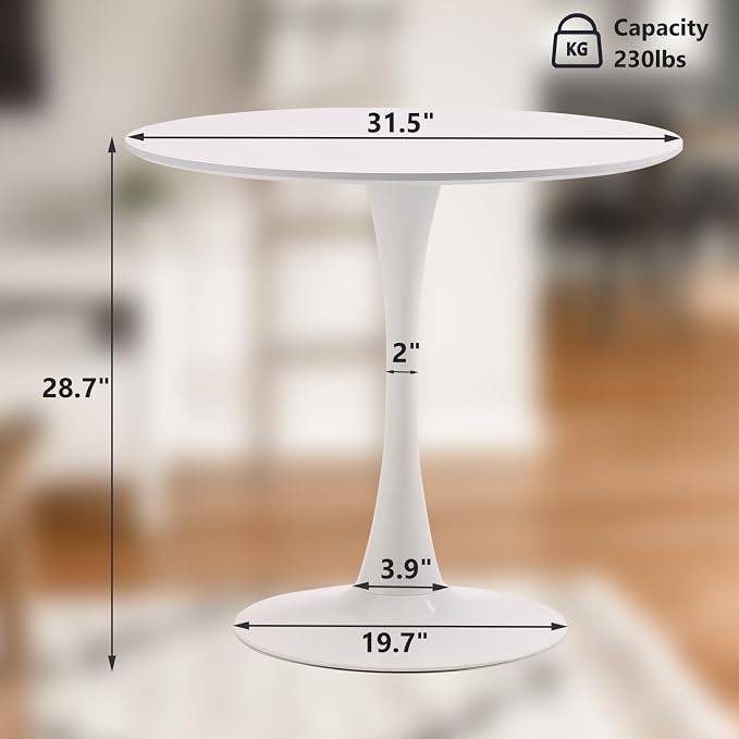 White Round Dining Room Table, 31.5" Tulip Table Round Kitchen Dining Table for 2-4 People, with 0.7" MDF Tables Top and Metal Pedestal Base Dinner Tables for Cafe, Home, Dining Room