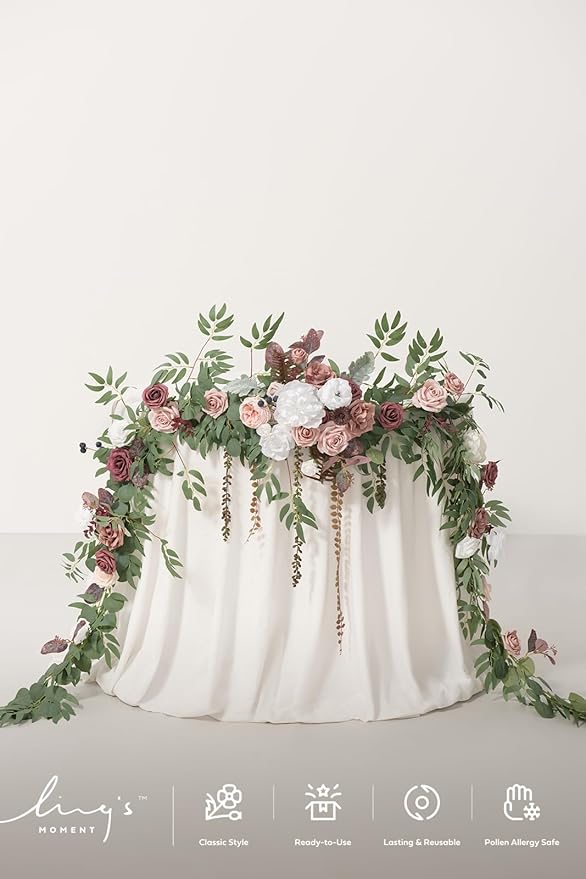 Ling's moment 9FT Eucalyptus and Willow Leaf Garland with White Flower, Handcrafted Wedding Sweetheart Table Centerpieces Head Table Decor Arch Backdrop Decorations for Wedding | Dusty Rose & Mauve