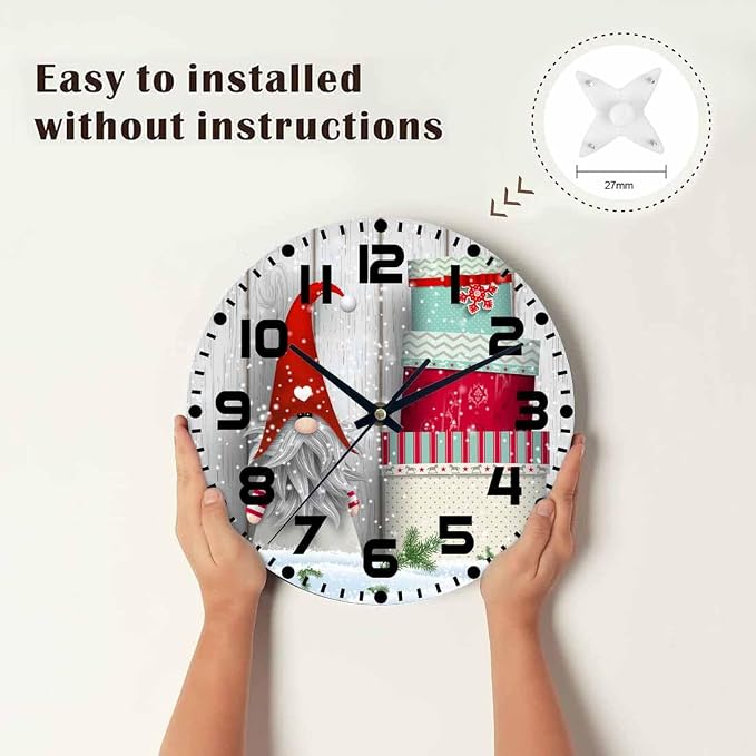 Nordic Christmas Motive Wall Clock Tomte Standing Wooden Wall in Snow Battery Powered Wall Clock Silent Non Ticking 10 Inch for Living Room, Kitchen, Home,Bathroom, Bedroom