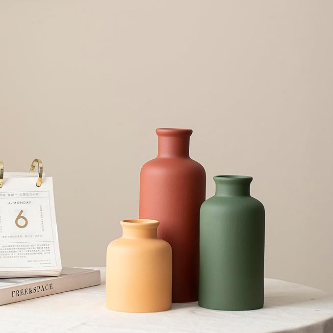 Large Modern Ceramic Vase Set of 3, Neutral Colors, Decorative Bottles for Home, Farmhouse Rustic Decor (XL Green Mix)