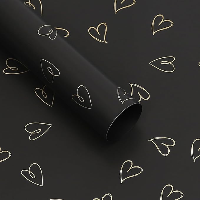 MLSG 20 Sheet Solid Color Heart Wrapping Paper - Waterproof Floral Bouquet Wrapping Paper, Florist Supplies Packaging Paper for Wedding Birthday Gift Wrap Paper (Black Gold)