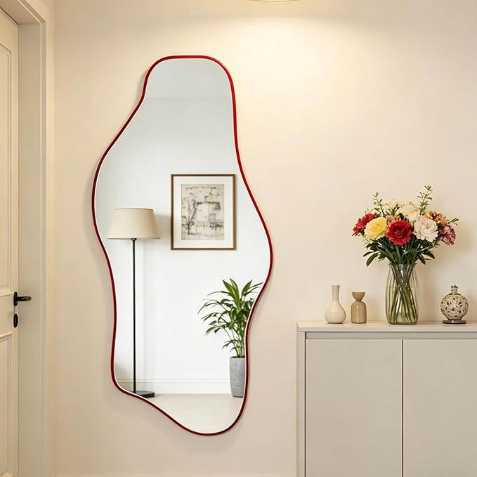 Large Irregular Mirror, 54.5"x24" Red Asymmetrical Tempered Glass Mirror, Modern Organic Shape Frameless Mirrors for Entryway Hallway Bedroom Living Room, Horizontal or Vertical Hanging