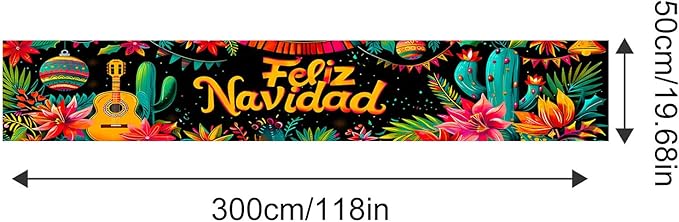 Feliz Navidad Banner 118 x 20 Inch Mexican Christmas Backdrop with Guitar Cactus Poinsettia Flowers Large Holiday Party Wall Decoration for Outdoor Fence Yard Porch Photography