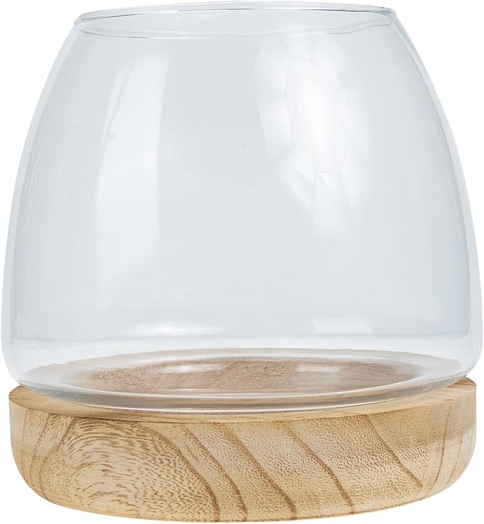 FAVOMOTO Hydroponic Flower Vase with Wooden Base Transparent Glass Micro Landscape Bottle for Desktop Decoration Premium Glass and Wood Material for Home Office Study Plant Display