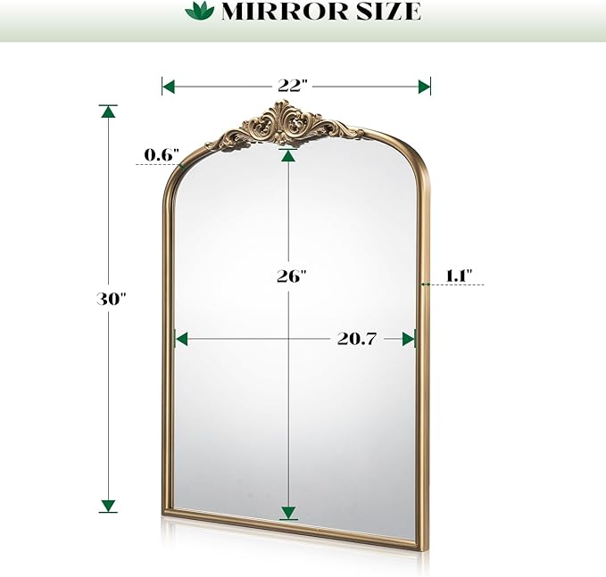 Arched Antique Gold Wall Mirror, 22"x30" Vintage Gold Bathroom Wall Mirror Over Sink, Ornate Arch Bronze Mirrors for Living Room, Fireplace, Entryway, Vanity, Hanging or Leaning