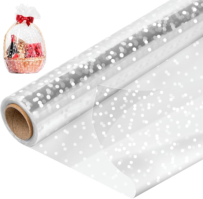 Mauproy 34 In x 100 Ft Clear Cellophane Wrap Roll, Extra Wide, 2.5 Mil Thick Transparent Wrapping Paper with Irregular White Dot for Baskets, Flower Bouquets, Gifts, Treats (34" Fold into 17")