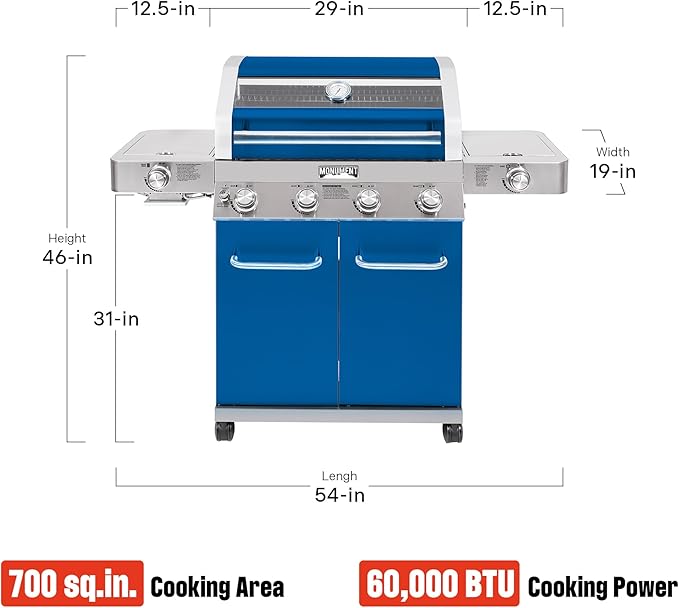 Monument Grills Stainless Steel 4 Burner Propane Gas Grill with Clearview® Lid, Infrared Side Sear Burner & Side Burner