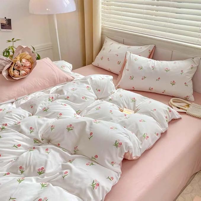 Nayoroom Pink Floral Duvet Cover Full Size Coquette Tulip Printed on White Reversible Comforter Cover 3 Pcs Girls Cottagecore Bedding Set with Pillow Sham Soft Lightweight Microfiber