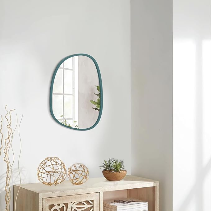 Small Blue Wall Mirror Asymmetrical Irregular Wood Frame Mirror Unique Modern Wall-Mounted Artistic Oval Shape Mirror Decor for Bedroom Living Room Bathroom Entryway Hallway Vanity