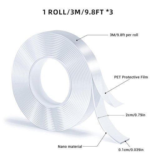 Nano Tape | 3 Rolls Double-Sided Transparent Adhesive - Removable, Washable, 9.8 Feet Each