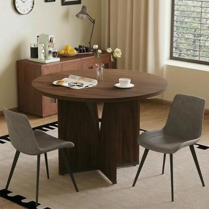 HIPIHOM Modern Round Dining Table Set for 2, 39.4" Walnut Kitchen Table with 2 PU Leather Chairs, 3-Piece Mid-Century Dining Room Set for Small Spaces, Pedestal Base & Ergonomic Padded Chairs