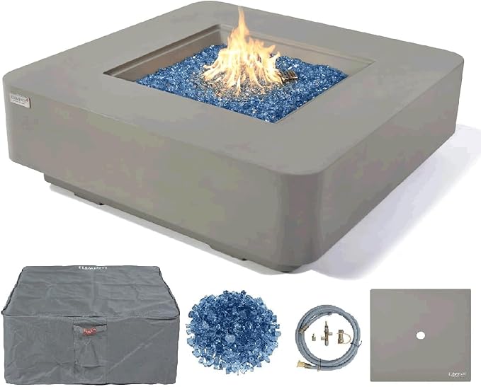 Elementi+ | Lucerne Gas Fire Pit Cast Concrete 42" Square Fire Table, Outdoor Fire Pit Electronic Ignition | Canvas Cover, Fire Glass and Burner Lid Included | Light Gray | Natural Gas