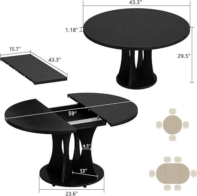 Einhomn 43-59" Extendable Round Dining Table, Kitchen Table for 4-8, Farmhouse Circle Dining Room Table with Removable Leaves,Hidden Storage, Space Saving Wood Kitchen & Dining Room Furniture, Black