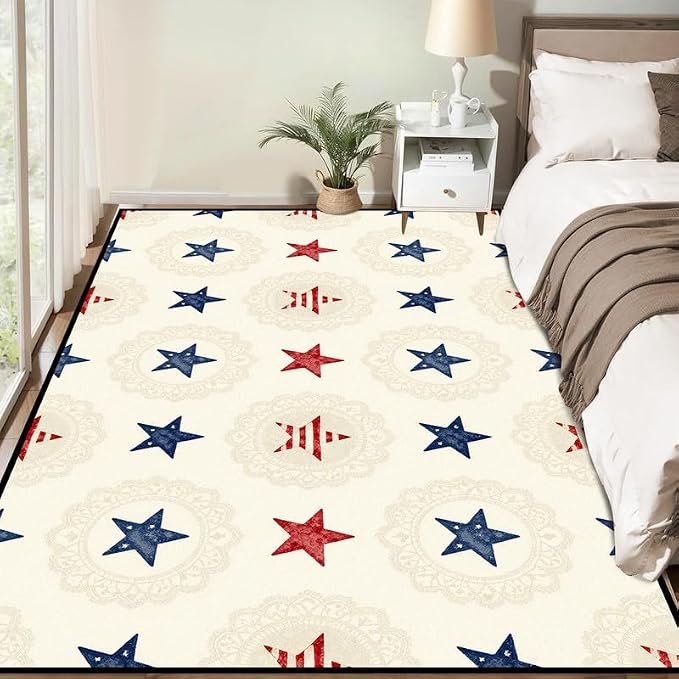 Star Area Rug 6'x9' Vintage Red Blue White Carpet Washable Low Pile Floor Mat Rugs for Bedroom Living Room Nursery Playroom Classroom Home Decor