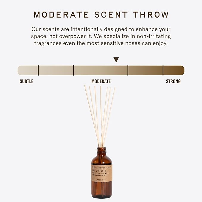 P.F. Candle Co. Golden Coast Classic Scented Rattan Reed Diffuser (3.5 fl oz) Amber Glass Jar, Fine Fragrance Oil, Flame-Free Fragrance, Made in The U.S.A.