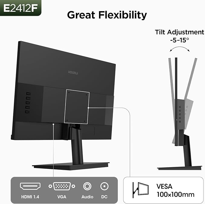 KOORUI 24-inch Computer Monitor Full HD 1920 x 1080p 100Hz VA Display 3000:1 Contrast Ratio with HDMI VGA, Three-Sided Slim Bezels, 100 x 100 mm VESA Mountable, Ergonomic Tilt, Black