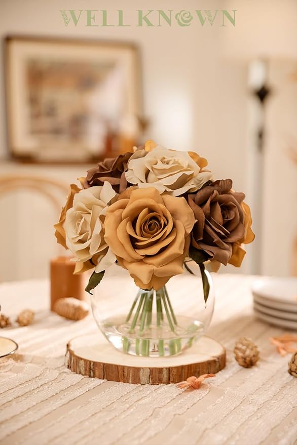 WELL KNOWN Silk Rose Artificial Flowers Arrangements with Vase, Artificial Coffee & Orange Rose Bouquet in Vase with Faux Water for Fall Home Party Wedding Table Centerpieces Decor & Gift (Earth)