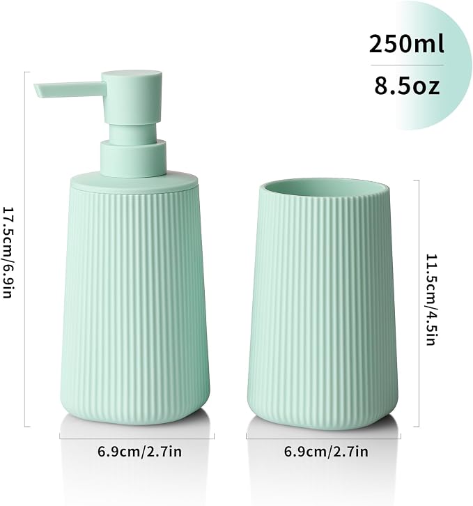YAUKPH Bathroom Accessories Set 2 Piece Soap Dispenser and Toothbrush Holder for Bathroom Countertop Striped Green
