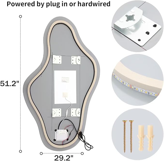 Modern Irregular LED Bathroom Mirror with Lights, Asymmetrical Frameless Smart Lighted Wall Mirror for Living Room Entryway, Large Decorative Makeup Vanity Mirror with Touch Switch(29.2″x51.2″)