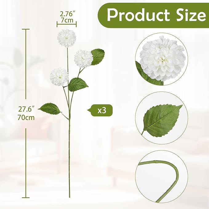Hollyone 27.6" White Artificial Dahlia Flowers 3Pcs Fake Roses Bouquet Ball Dahlia Flower Arrangement Faux Pincushion Flower with 3 Heads Long Stem for Centerpiece Home Decor
