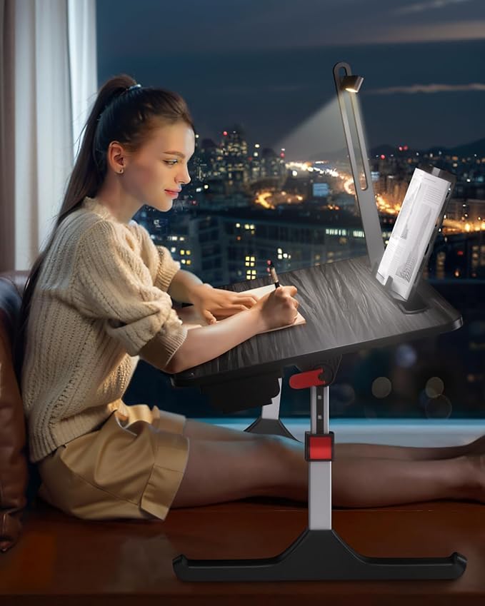 NEARPOW Laptop Desk for Bed with LED Light, Adjustable Foldable Bed Table Lap Desk,Computer Tray Laptop Stand with Book Stand,Wrist Rest, Storage Drawer for Adults Kids Writing Work Study Couch Floor