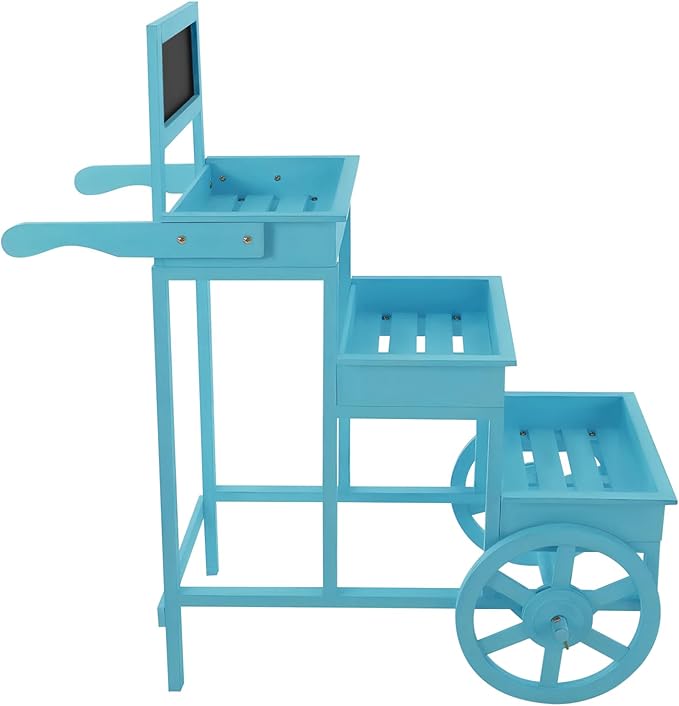 Flower Display Stand | 3-Tier Wood Flower Cart | Flower Cart Display Stand with Wheels | Ladder Shaped Plant stand | Market flower display Stand | Handle & Blackboard (Blue)
