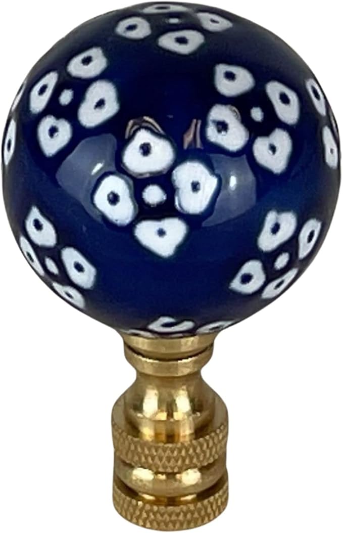 Royal Designs, Inc. Blue Porcelain Ball with White Ornament Design Finial for Lamp Shade, Polished Brass